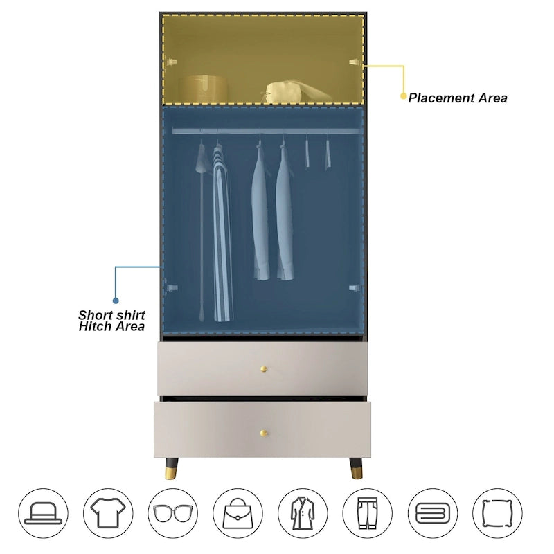 Guarda-Roupa de 180 cm com 2 Gavetas e Espaço para Cabides