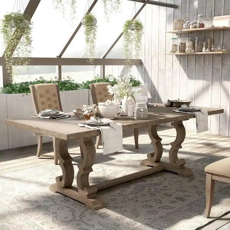 Mesa de Jantar de Madeira Rústica Expansível de 90 Polegadas com Base em Cavalete
