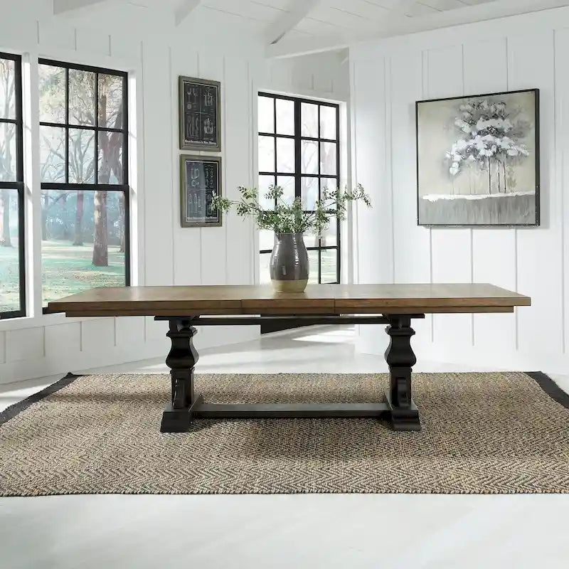 Mesa de Jantar de Cavaletes com Acabamento Rústico em Quadro de Giz e Extensão Autoarmazenável