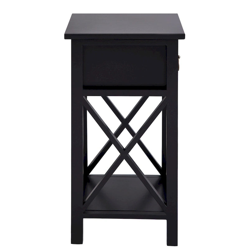 Mesa de Cabeceira de Madeira Compacta com Gaveta e Prateleira Aberta