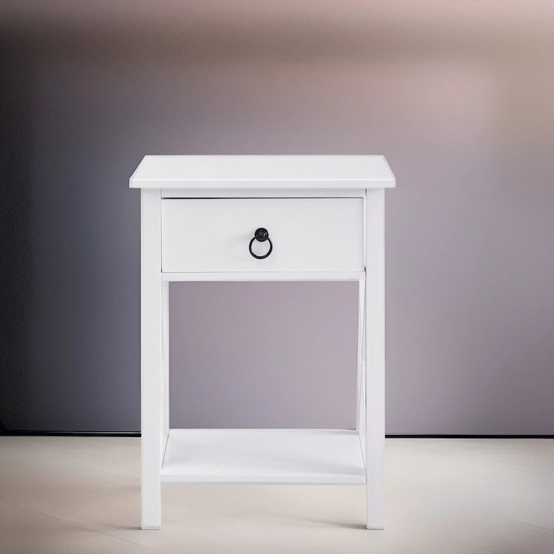 Mesa de Cabeceira de Madeira Compacta com Gaveta e Prateleira Aberta