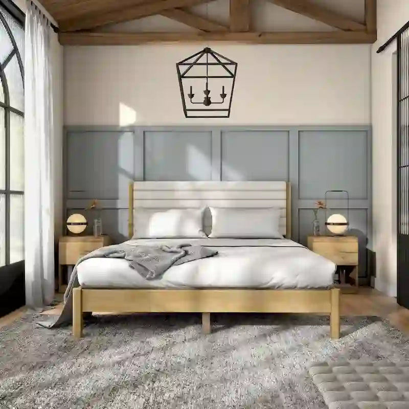 Cama de Plataforma Queen Estofada com Capitonê Moderno e Estrado de Madeira Maciça