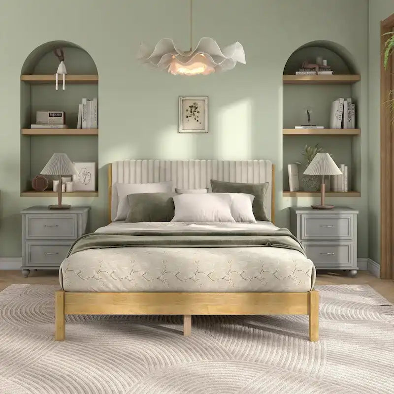 Cama de Plataforma Queen Estofada com Capitonê Moderno e Estrado de Madeira Maciça