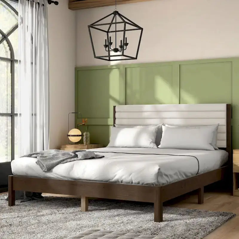 Cama de Plataforma Queen Estofada com Capitonê Moderno e Estrado de Madeira Maciça