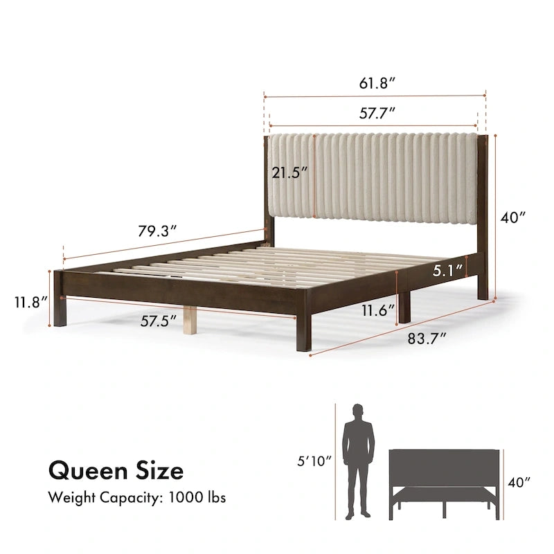 Cama de Plataforma Queen Estofada com Capitonê Moderno e Estrado de Madeira Maciça