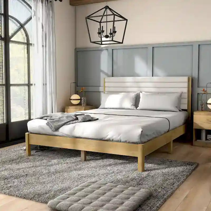 Cama de Plataforma Queen Estofada com Capitonê Moderno e Estrado de Madeira Maciça