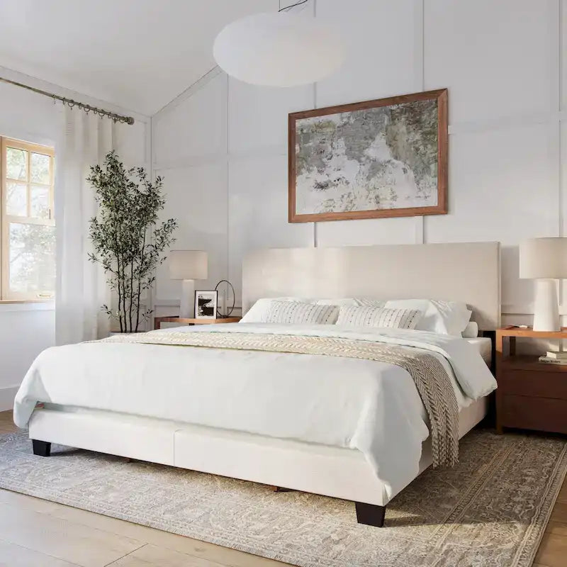 Cama King Estofada Moderna com Cabeceira Acolchoada, 4 Cores