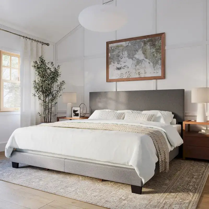 Cama King Estofada Moderna com Cabeceira Acolchoada, 4 Cores