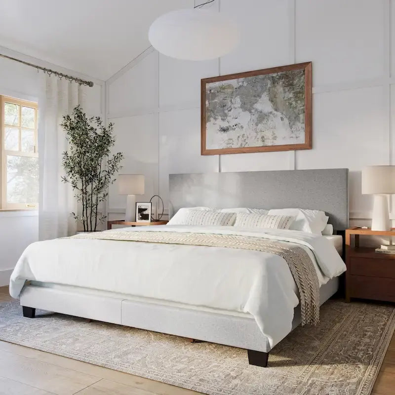 Cama King Estofada Moderna com Cabeceira Acolchoada, 4 Cores