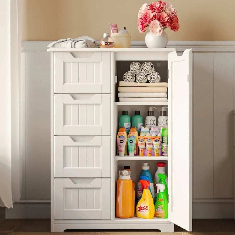 Bathroom Floor Storage Cabinet, Free-Standing Floor Storage Cabinet with 4 Draws and Adjustable Shelf
