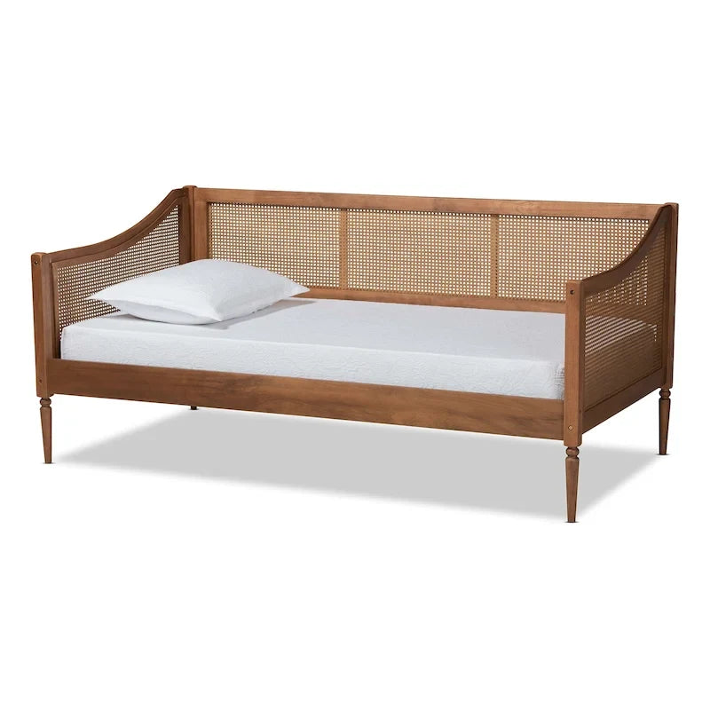 Cama de Dia de Solteiro em Ratan Sintético de Meados do Século com Pernas Torneadas