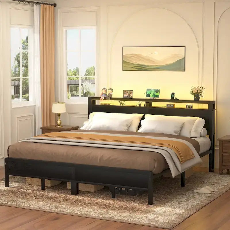 Farmhouse Wood Platform Bed Frame with Charged Station and LED Lights