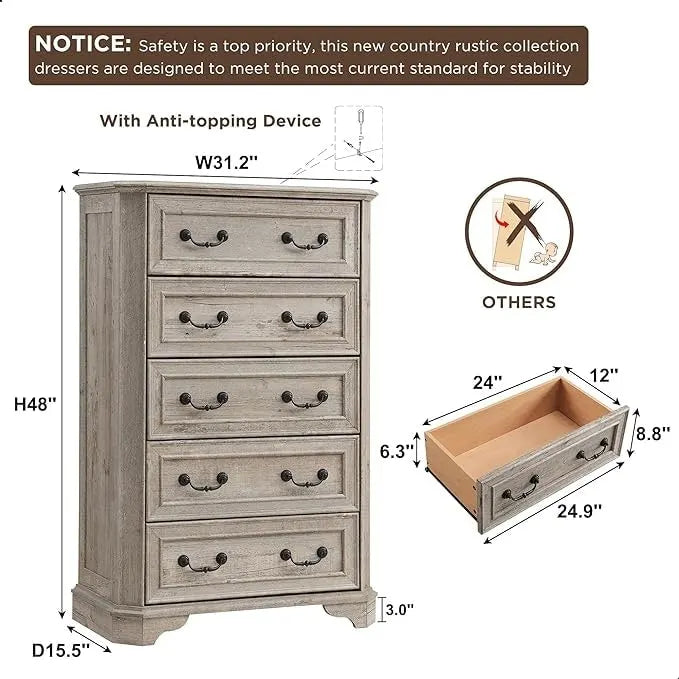 Farmhouse 5 Drawers Dresser, Wood Chest of Drawers, Dressers Organizer