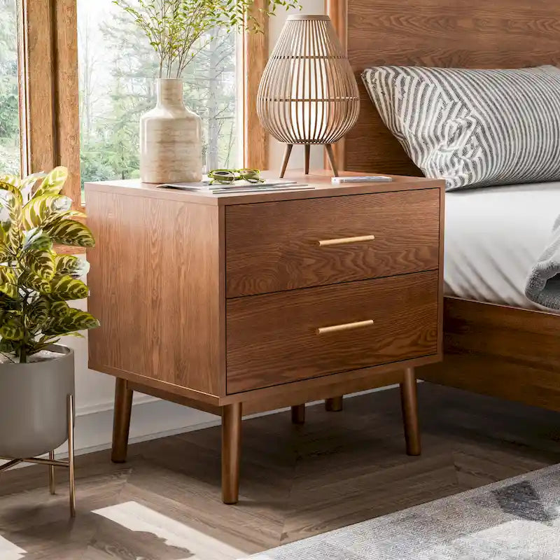 Mesa de Cabeceira Mid-century em Nogueira com 2 Gavetas e Puxadores Níquel
