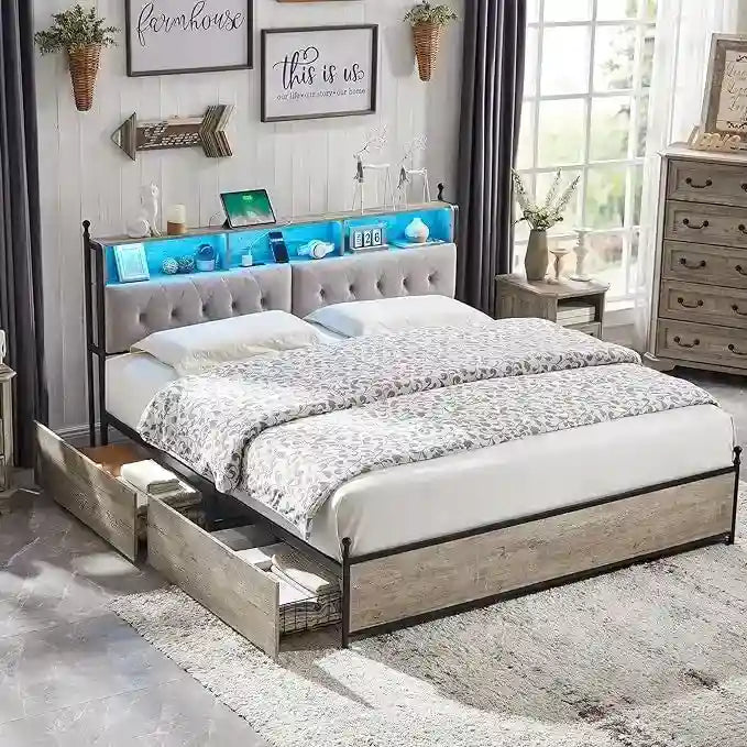 Estrutura de Cama King Size com Luzes LED, Estação de Carregamento e 4 Gavetas