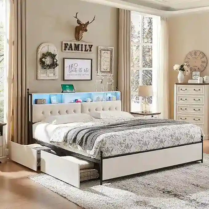 Estrutura de Cama King Size com Luzes LED, Estação de Carregamento e 4 Gavetas
