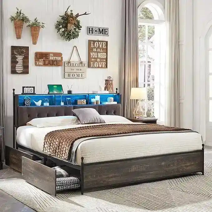 King Size Bed Frame with LED Lights, Charging Station and 4 Drawers