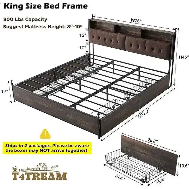 Estrutura de Cama King Size com Luzes LED, Estação de Carregamento e 4 Gavetas