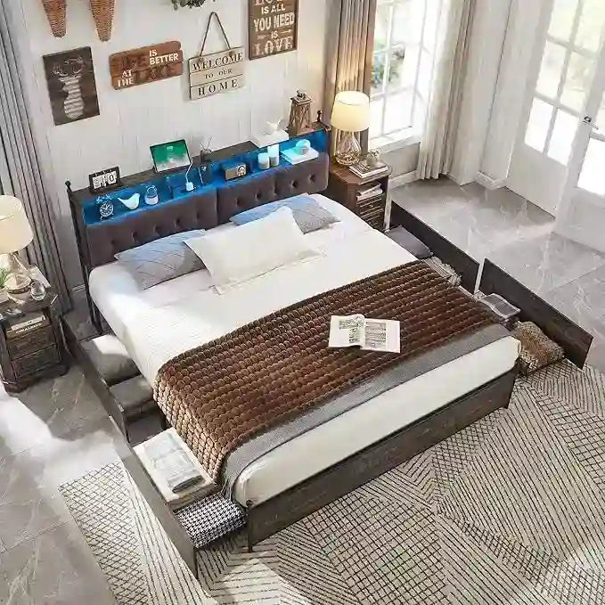 Estrutura de Cama King Size com Luzes LED, Estação de Carregamento e 4 Gavetas