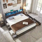 Estrutura de Cama King Size com Luzes LED, Estação de Carregamento e 4 Gavetas